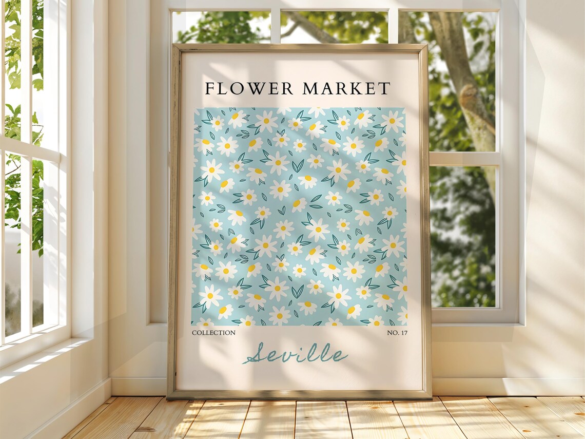 Flower Market Seville Daisy Floral Pattern Light Blue Art Poster
