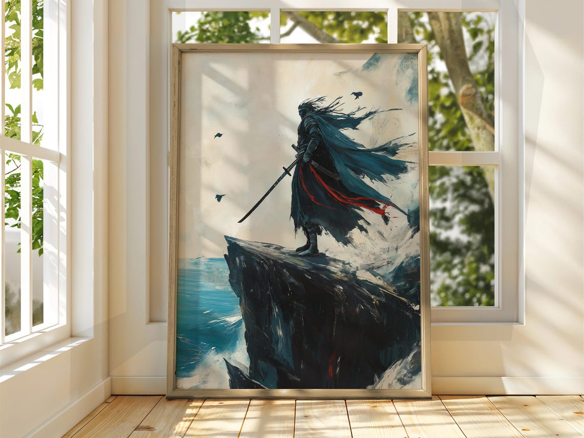 Lone Samurai On Ocean Cliff Ink Wash Waves Japanese Warrior Poster
