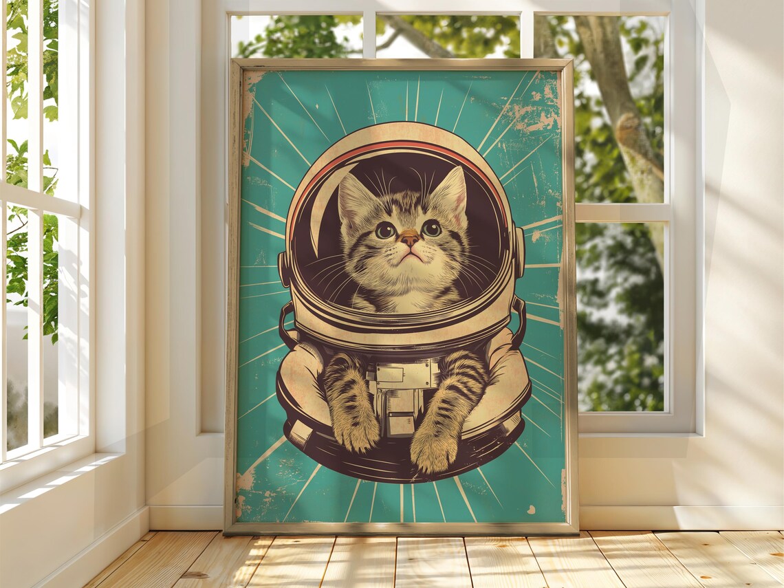 Retro Astronaut Cat Vintage Space Kitten Teal Sunburst Illustration Poster