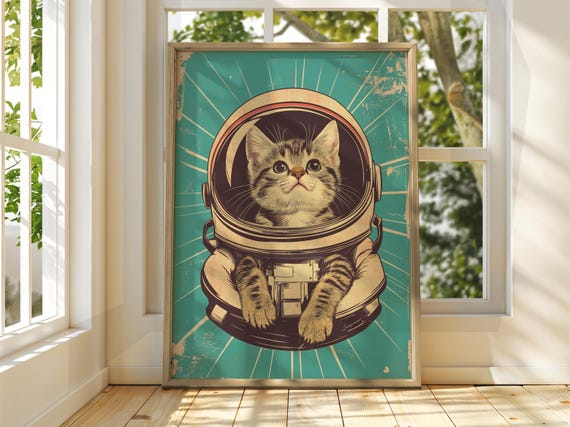 Astronaut Cat Poster Wall Art Illustration Fun Animal Feline Decor Kitten Grey Pet Funny