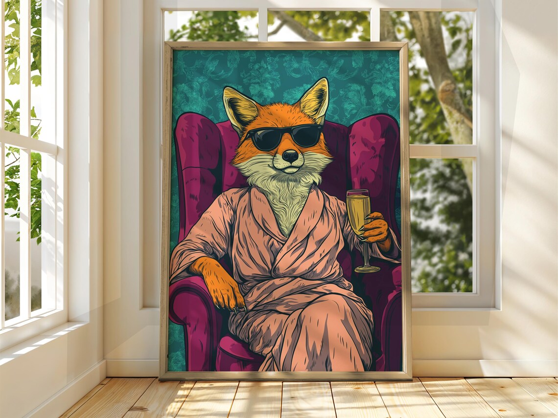 Cool Fox Sunglasses Champagne Glass Funny Animal Portrait Poster