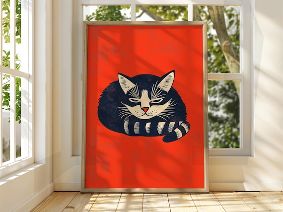 Sleeping Black Cat Curled Up Orange Background Vintage Poster