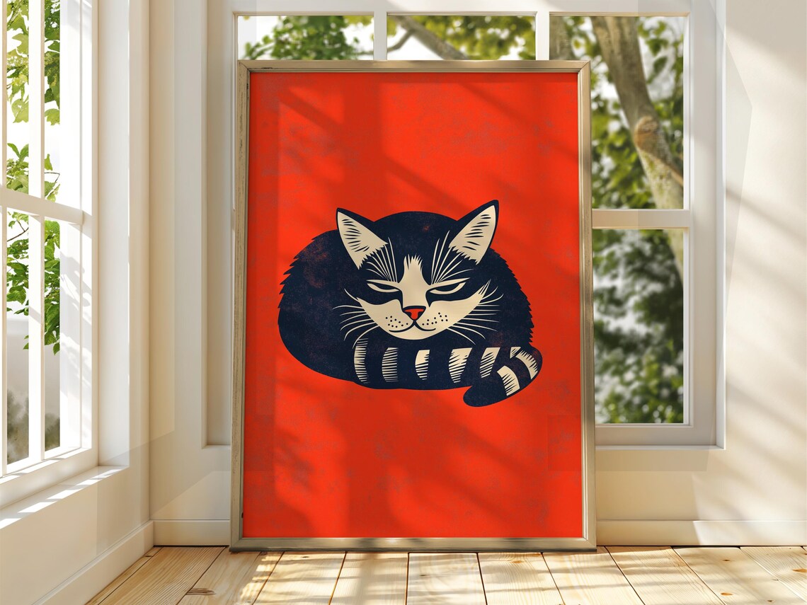 Sleeping Black Cat Curled Up Orange Background Vintage Poster