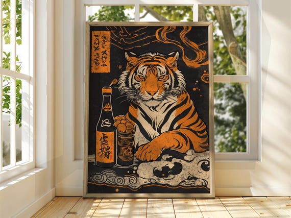 Tiger With Soju Art Vintage Japanese Wall Animal Poster Funny Print Sake Cat