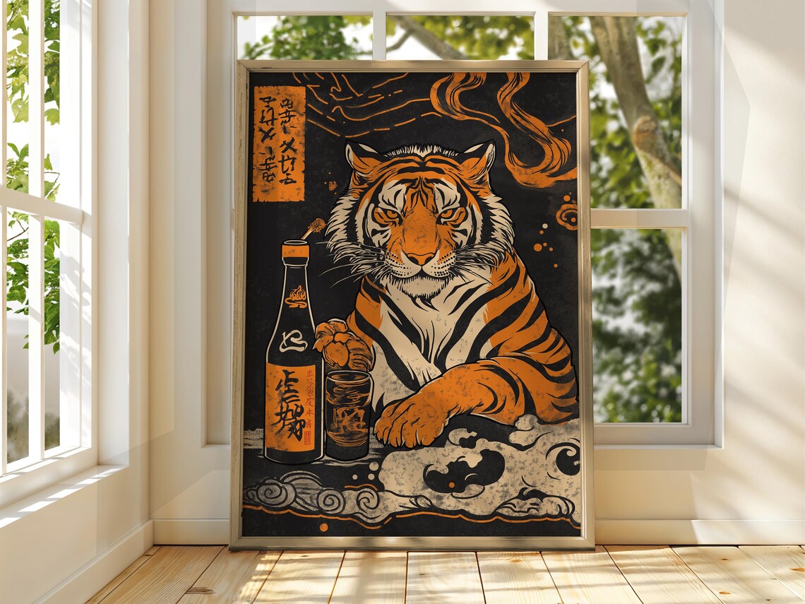 Japanese Tiger With Soju Bottle Vintage Animal Art Style Poster