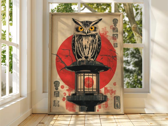 Owl On Lantern Art Vintage Japanese Wall Animal Poster Funny Print