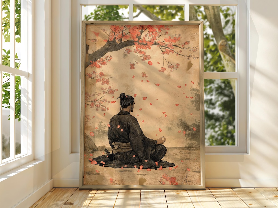 Samurai Japanese Ukiyo-e Poster, Cherry Blossom Print
