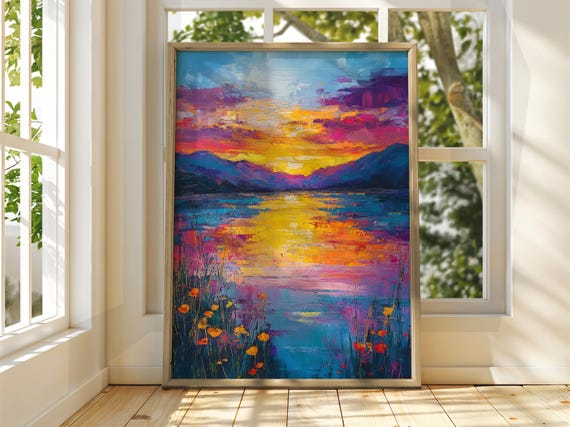 Colourful Sunset Over Lake Poster Oil Painting Art Print Dreamy Warm Summer Landscape Wall Nature Bright Home Decor