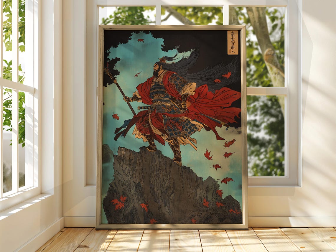 Samurai Warrior on Rocky Peak Poster with Autumn Leaf Art Style