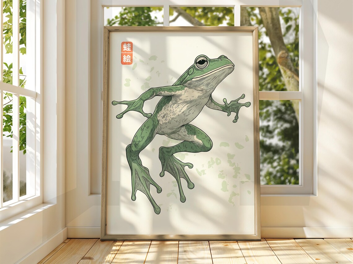 Japanese Vintage Tree Frog Green Illustration Retro Animal Art Print