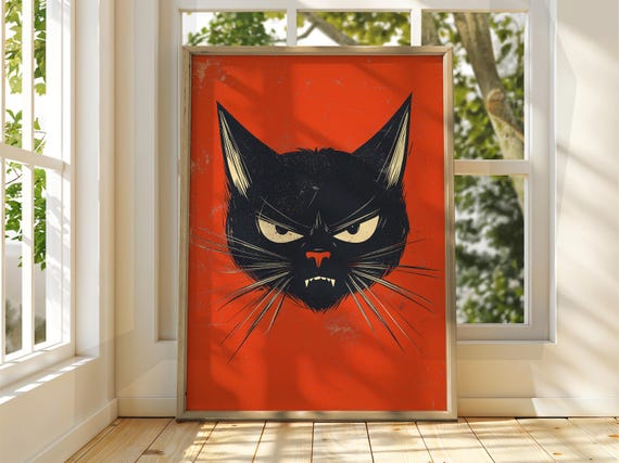 Angry Red Cat Poster Wall Art Illustration Fun Animal Feline Decor Kitten Black Pet
