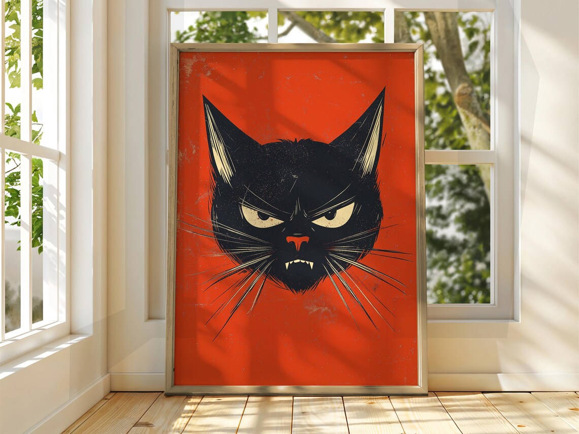 Angry Black Cat Red Background Vintage Feline Illustration Poster
