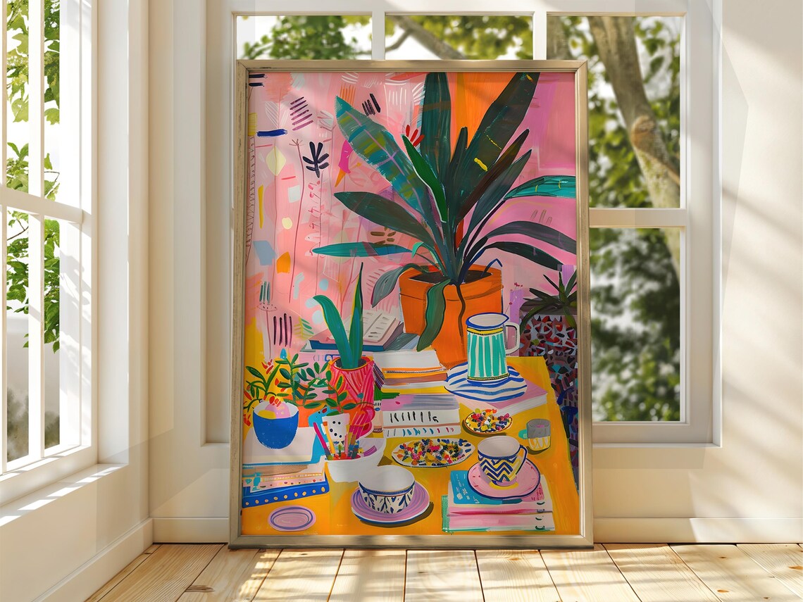 Colorful Modern Still Life Houseplants Books Kitchen Art Poster