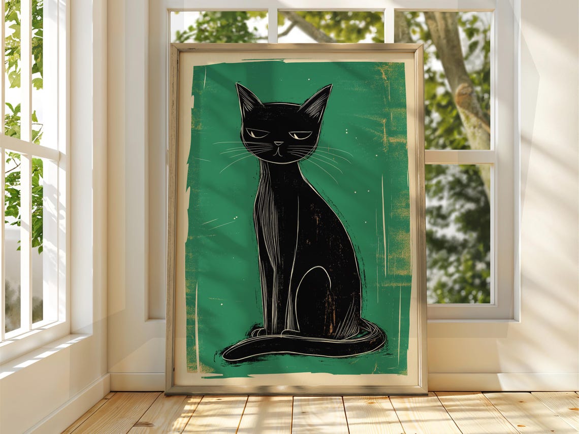 Grumpy Black Cat On Green Background Linocut Style Illustration Poster
