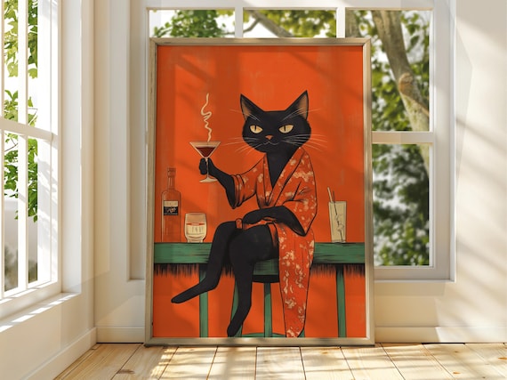 Black Cat in Orange Robe Martini Cocktail Bar Funny Feline Poster