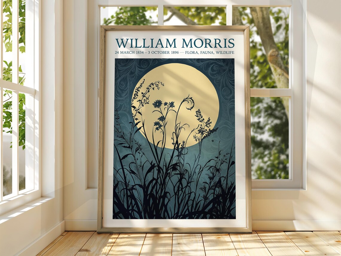 William Morris Full Moon Night Silhouette Floral Exhibition Poster