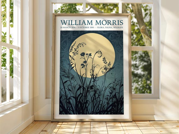 William Morris Style Full Moon Forest Poster Exhibition Gallery Print Wall Art Trees Stars