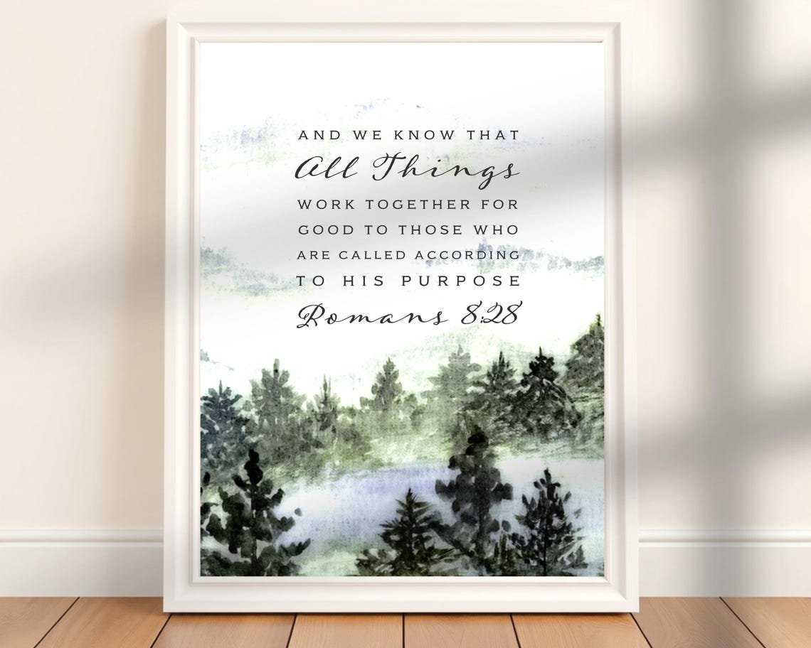 Romans 8 28 Scripture Misty Forest Watercolor Faith Hope Poster