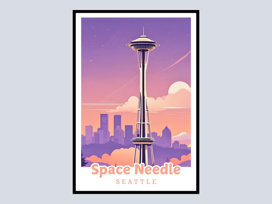 Seattle Space Needle Framed Poster Travel Decor Washington State Wall Art City Skyline Print Gifts
