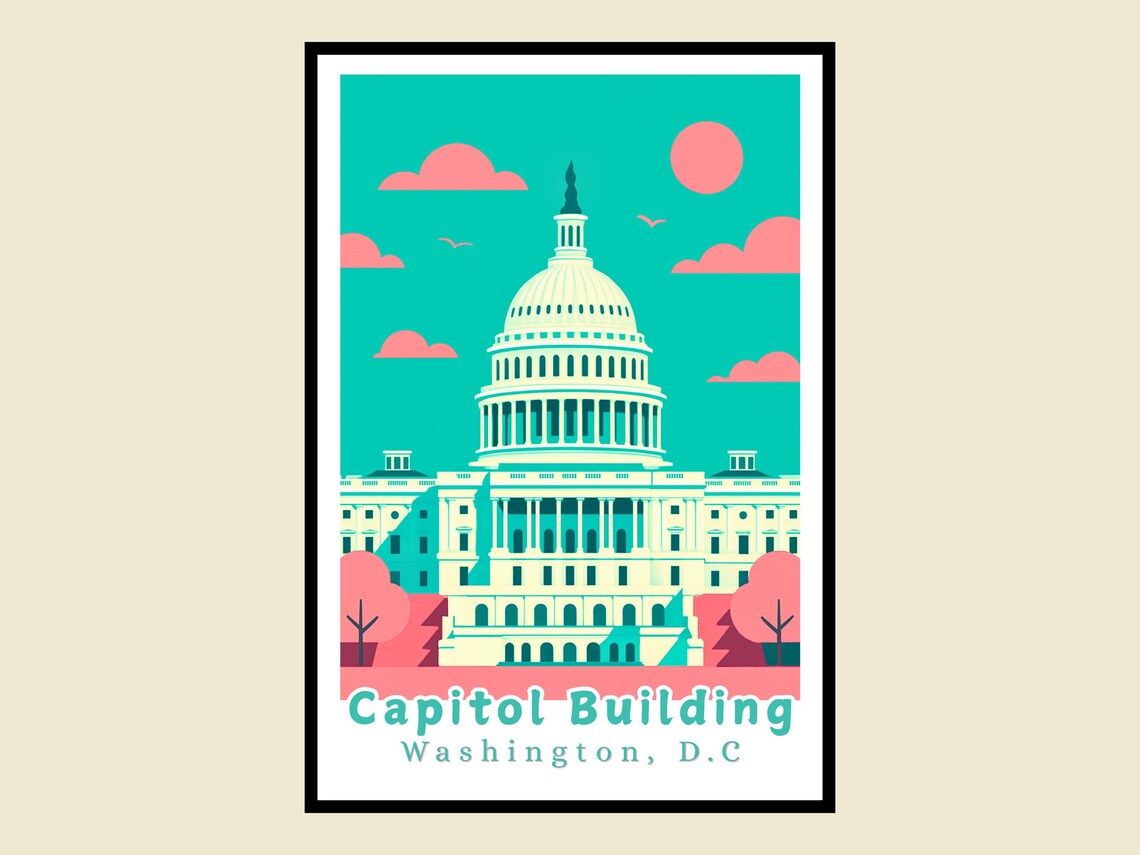 US Capitol Building Washington DC Retro Landmark Travel Poster