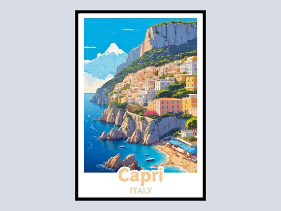 Capri Italy Colorful Cliffside Village Mediterranean Coast Travel Poster