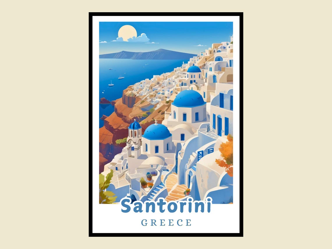 Santorini Greece Framed Poster Travel Greek Island Art White Architecture Gift Wall Decor Home Office