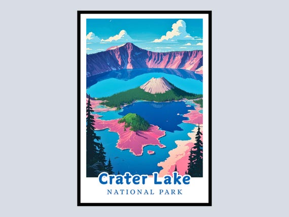 Crater Lake National Park Framed Poster Oregon Art Print Usa Travel Gift Mountain Landscape Wall Pacific Northwest Home Office Decor