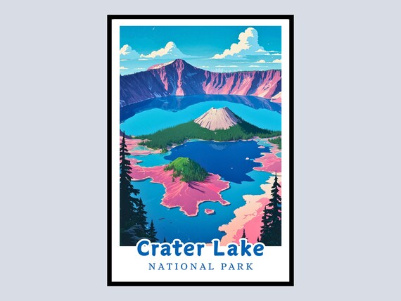 Crater Lake National Park Travel Poster Deep Blue Caldera Landscape