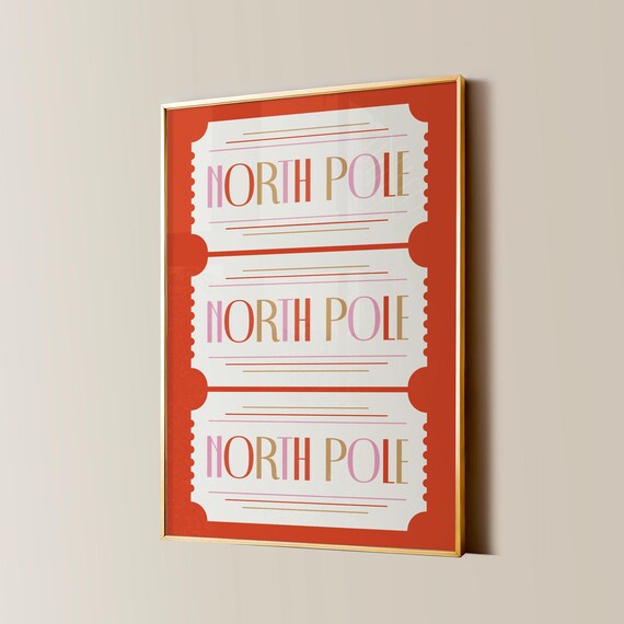 North Pole Ticket Red Christmas Retro Holiday Triple Stub Poster
