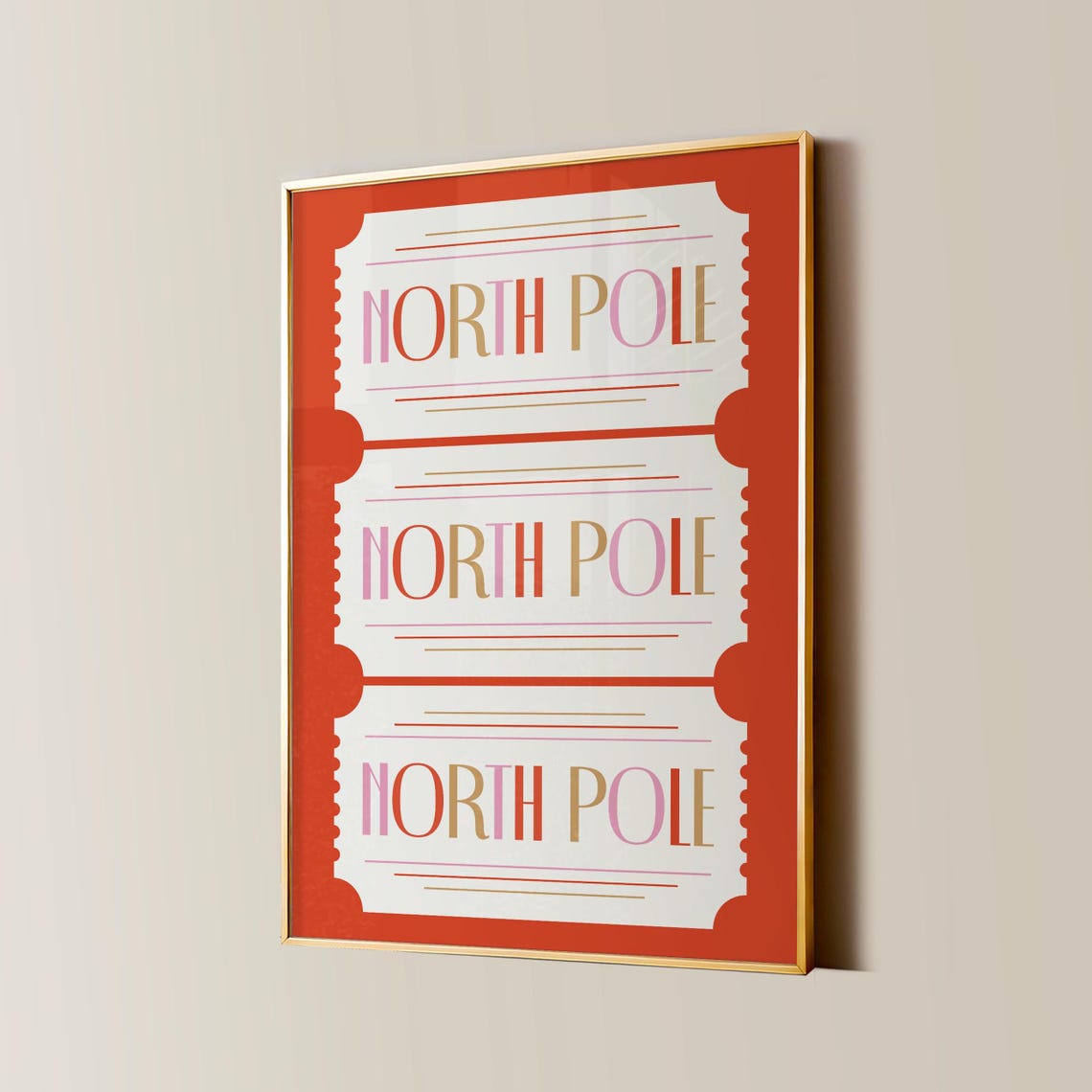 North Pole Ticket Red Christmas Retro Holiday Triple Stub Poster