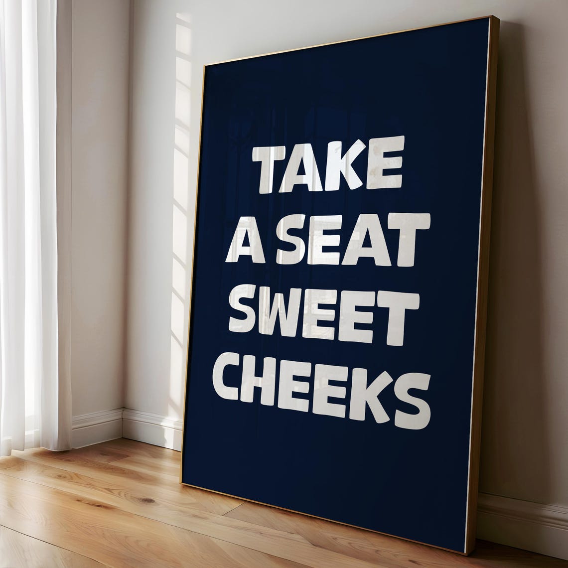 Take a Seat Sweet Cheeks Navy Bold Typography Bathroom Poster - Image 2