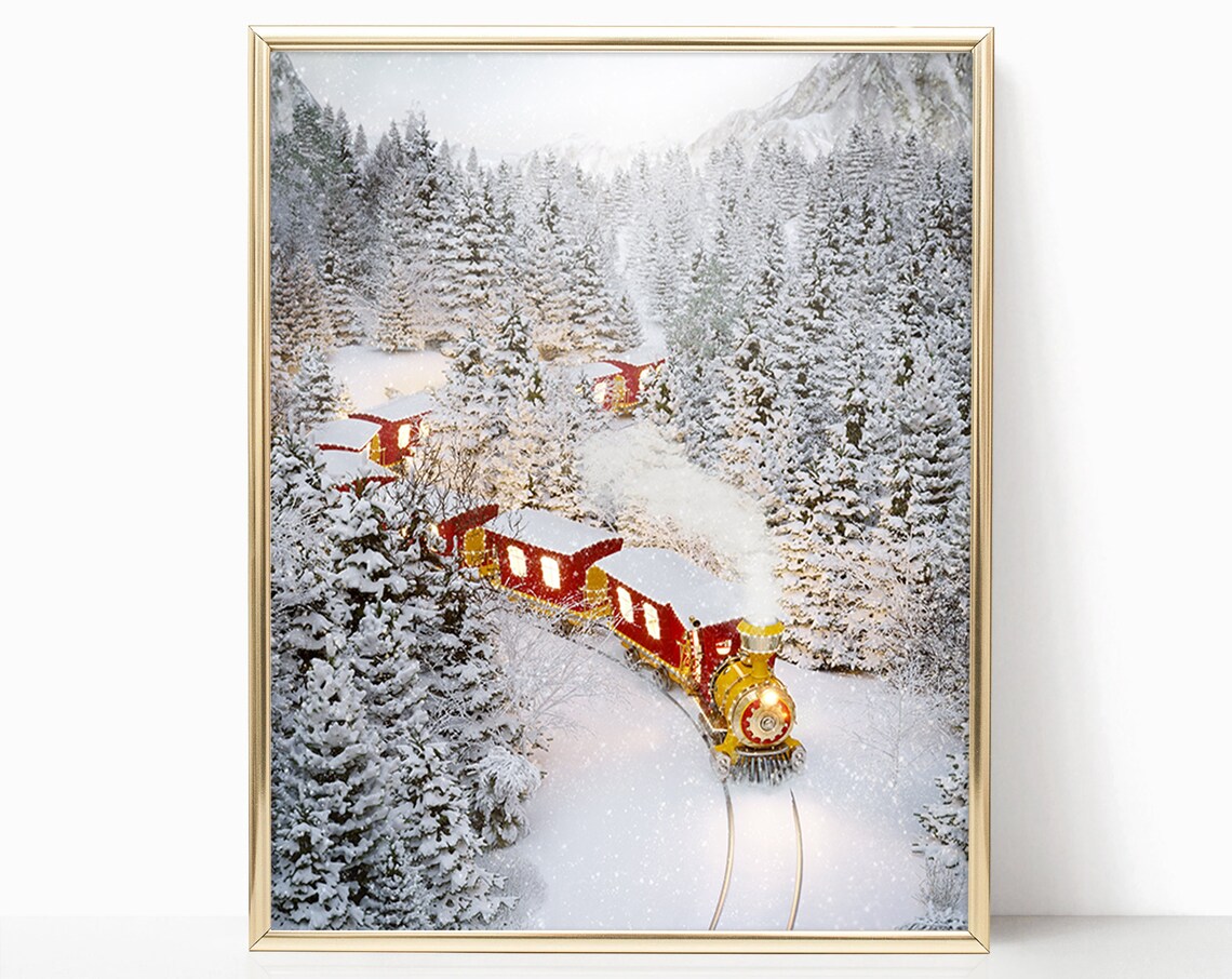 Vintage Christmas Steam Train Snowy Winter Mountain Forest Poster