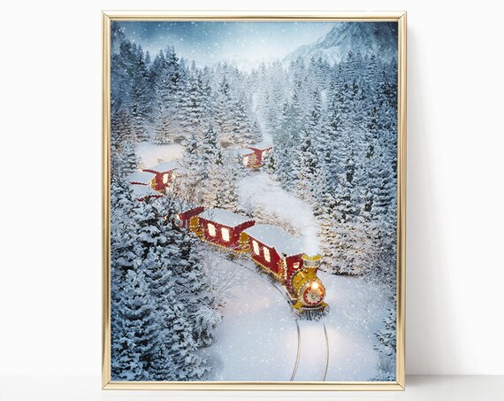 Vintage Christmas Train Snowy Pine Forest Night Holiday Wall Art