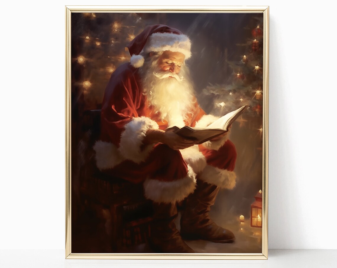 Santa Claus Reading Book Vintage Christmas Oil Painting Poster