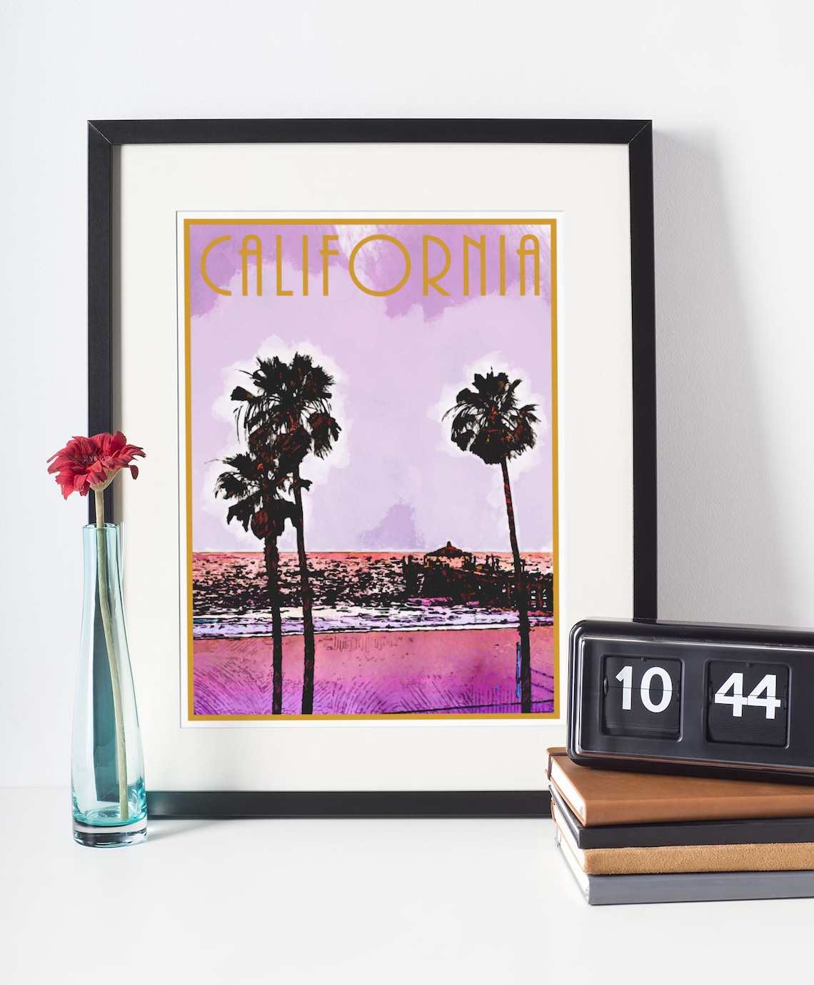 California Beach Palm Trees Pier Purple Sunset Vintage Travel Poster