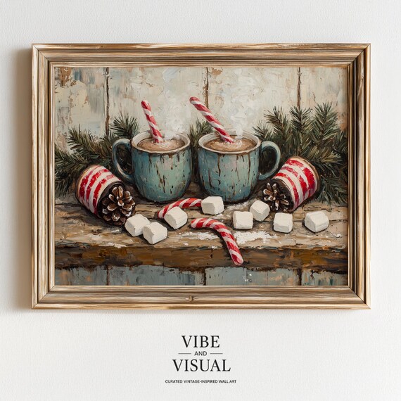 Cozy Blue Mugs Candy Canes Marshmallows Rustic Christmas Still Life Poster