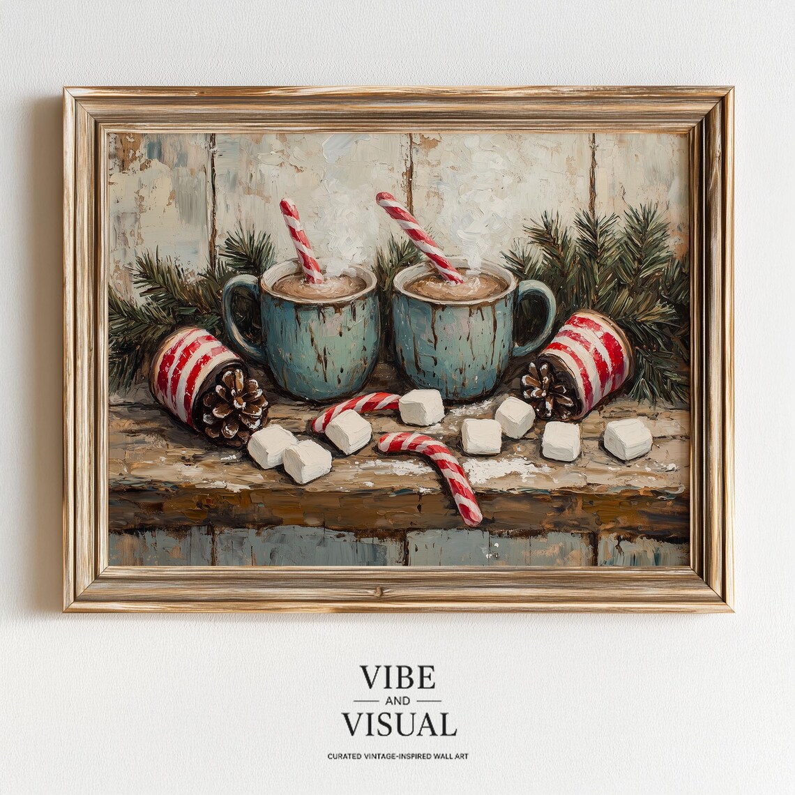 Cozy Blue Mugs Candy Canes Marshmallows Rustic Christmas Still Life Poster
