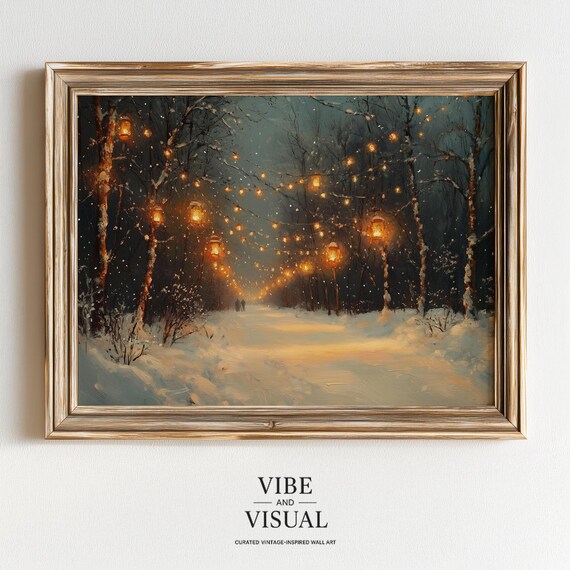 Cozy Winter Forest Path With Lanterns Moody Snowy Scene Rustic Decor Painterly Landscape Art 184