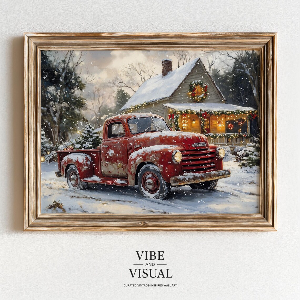 Vintage Red Pickup Truck at Snowy Christmas Farmhouse Wall Art