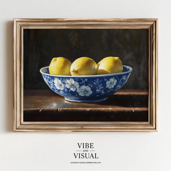 Classic Still Life Lemons In Blue Ceramic Bowl Vintage Fruit Art Moody Kitchen Decor Farmhouse Wall 198