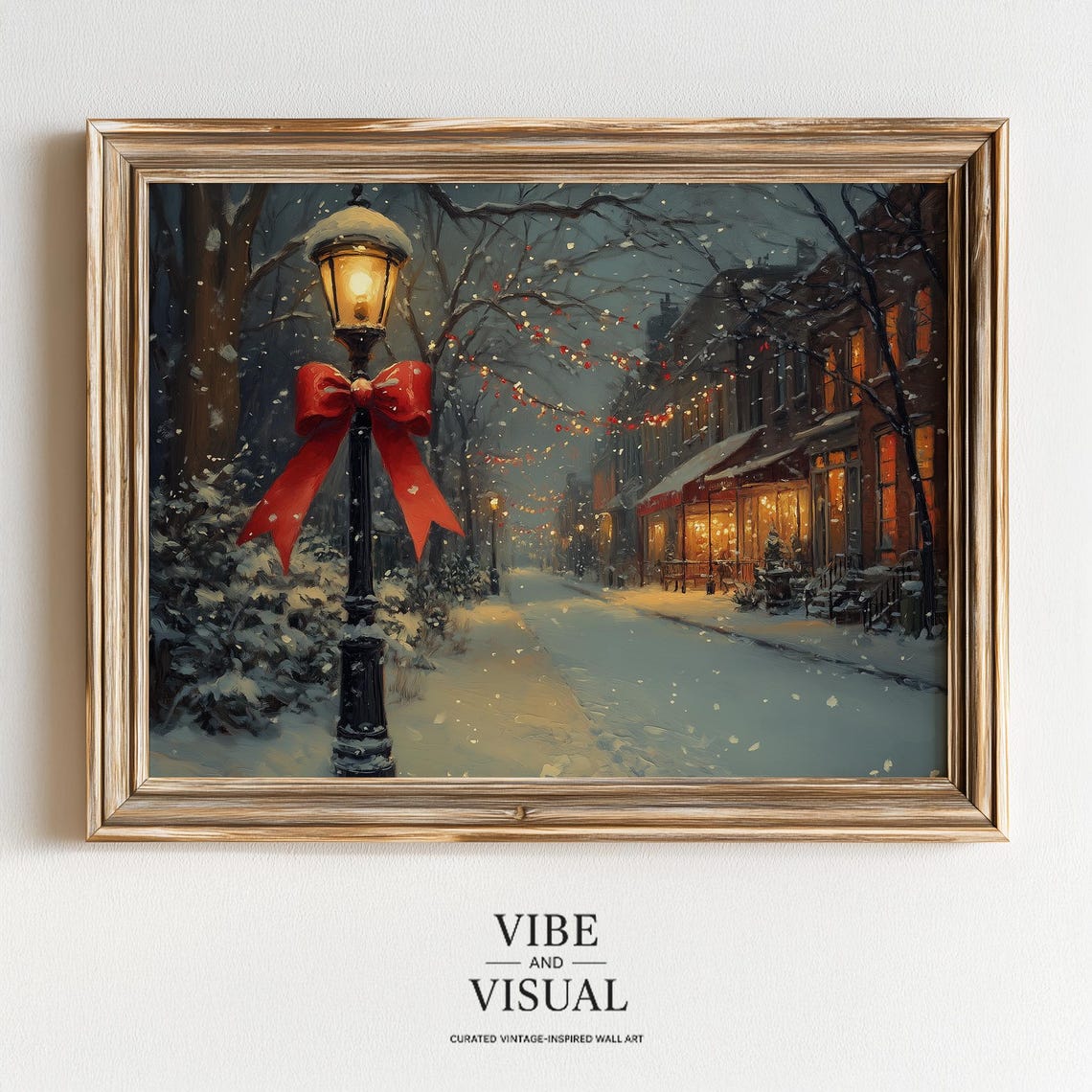 Vintage Winter Lamppost Red Bow Snowy Christmas Street Painting Poster