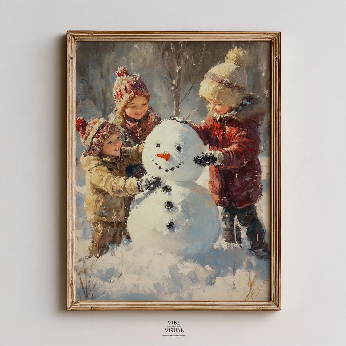 Children Building a Snowman Vintage Winter Nostalgic Art Poster