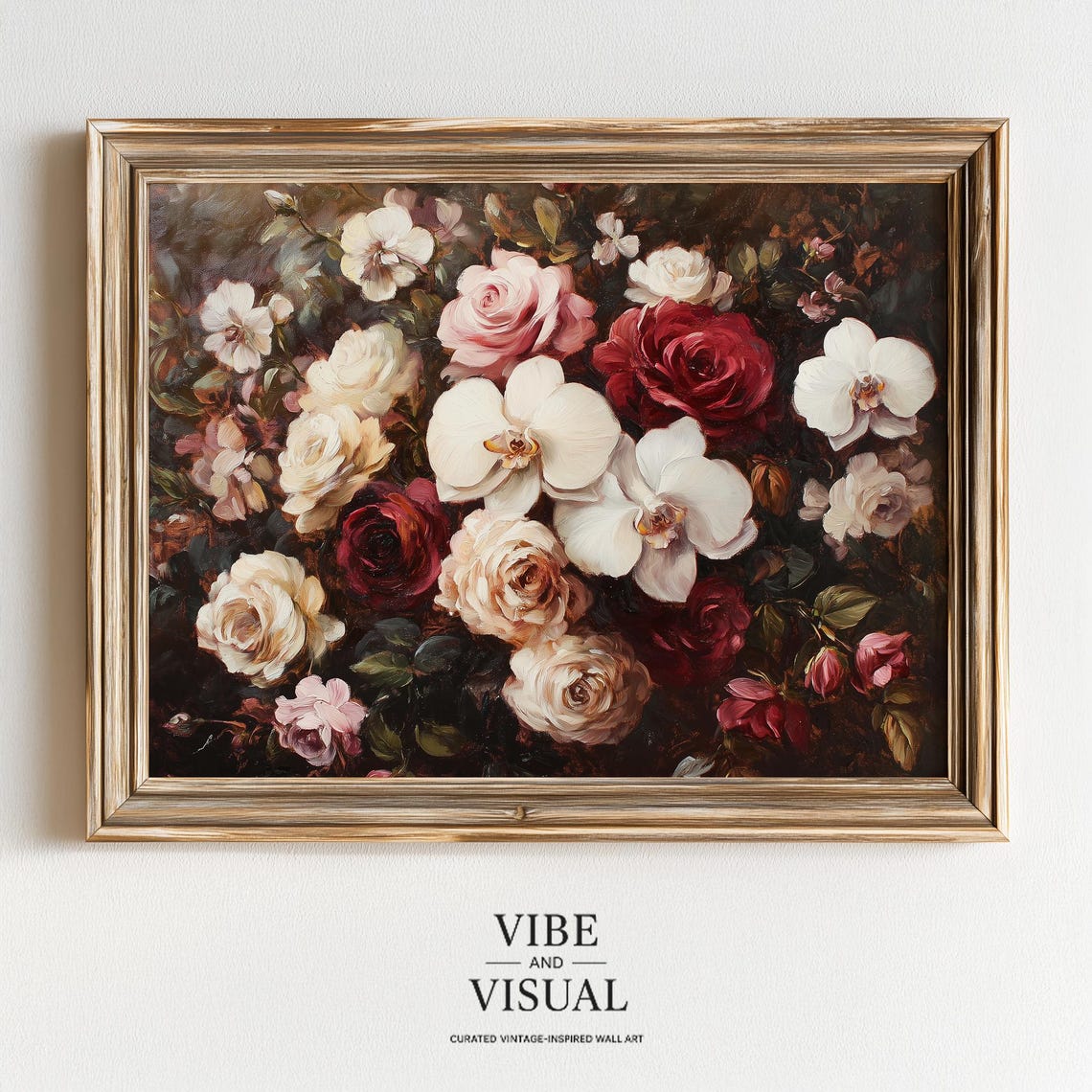 Dark Moody Floral Still Life Roses and Orchids Oil Painting Art Poster