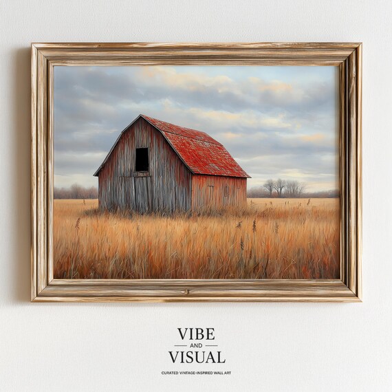 Rustic Abandoned Barn Wall Art Vintage Autumn Landscape Moody Farmhouse Decor Oil Painting 135