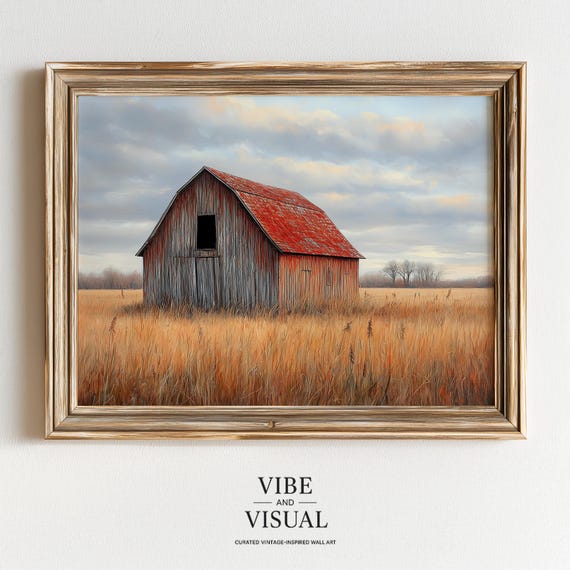 Weathered Red Barn Golden Wheat Field Autumn Vintage Farmhouse Painting Poster