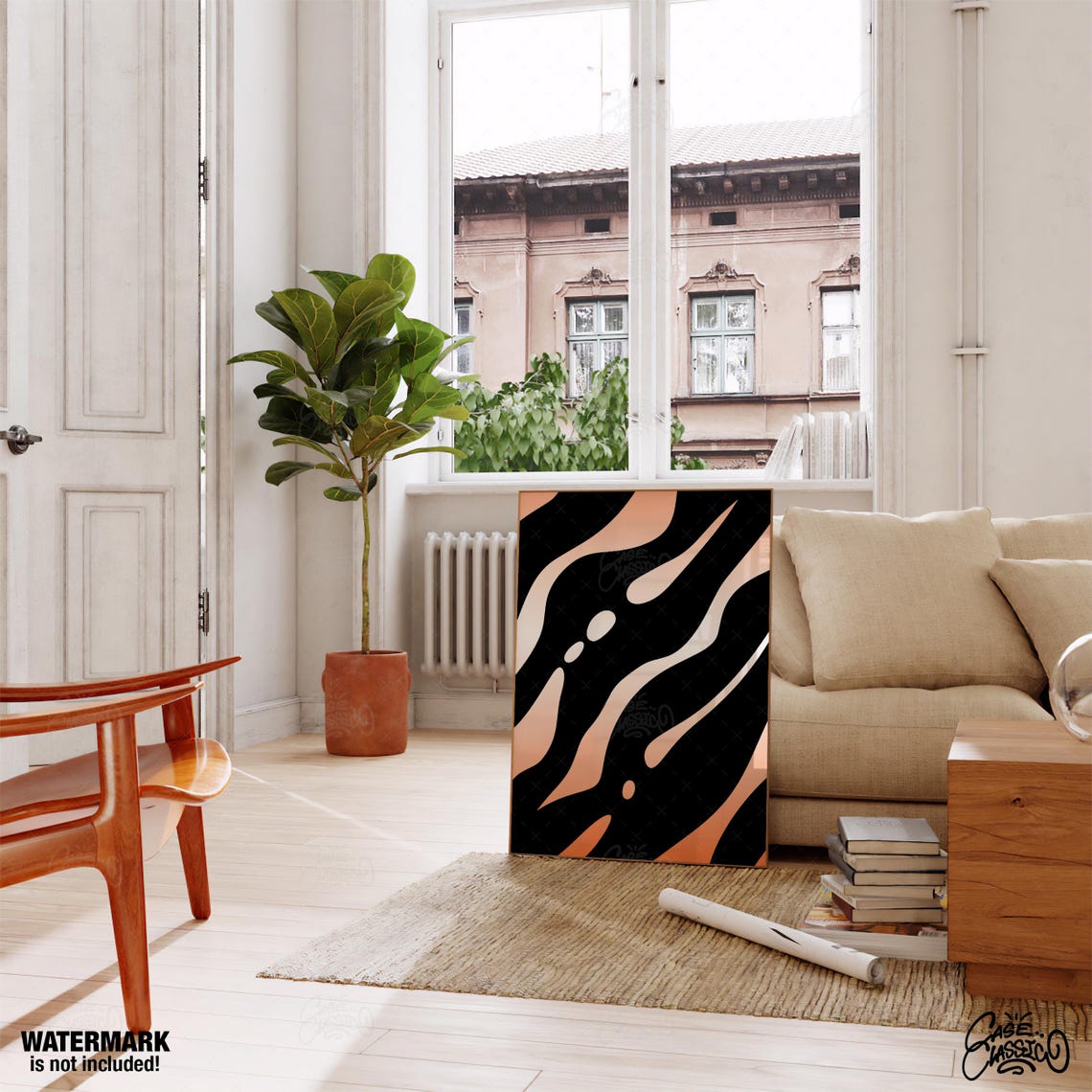 Black Peach Wavy Stripe Modern Abstract Wall Decor Art Poster - Image 3