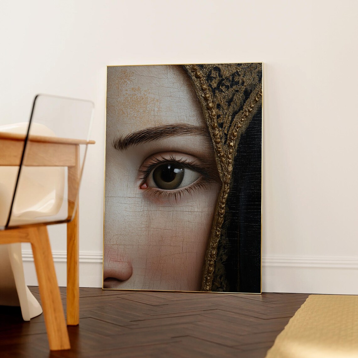 Dark Renaissance Eye with Gold-Trimmed Black Veil Painting Poster