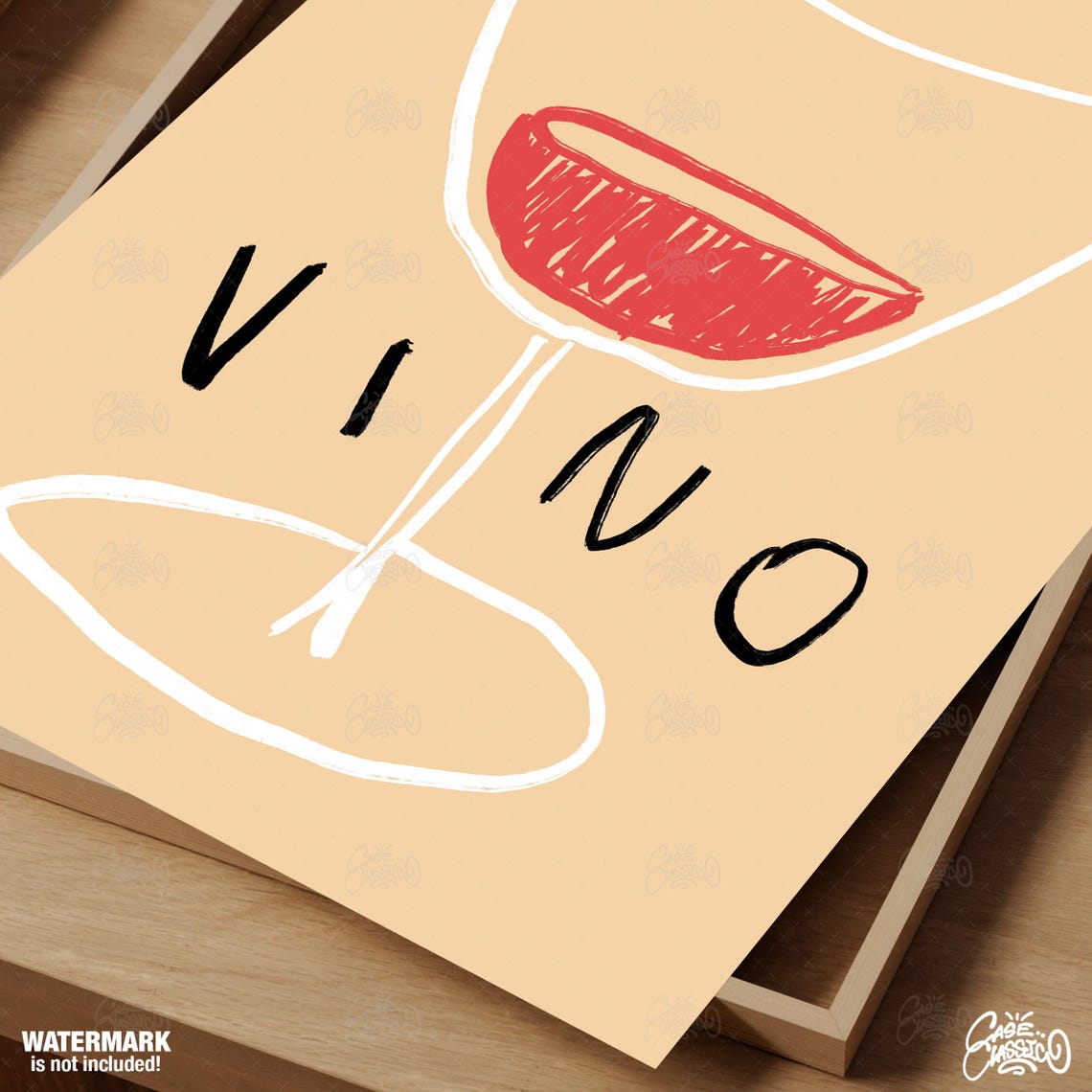 VINO Wine Glass Line Art Poster in White on Cream Background - Image 2