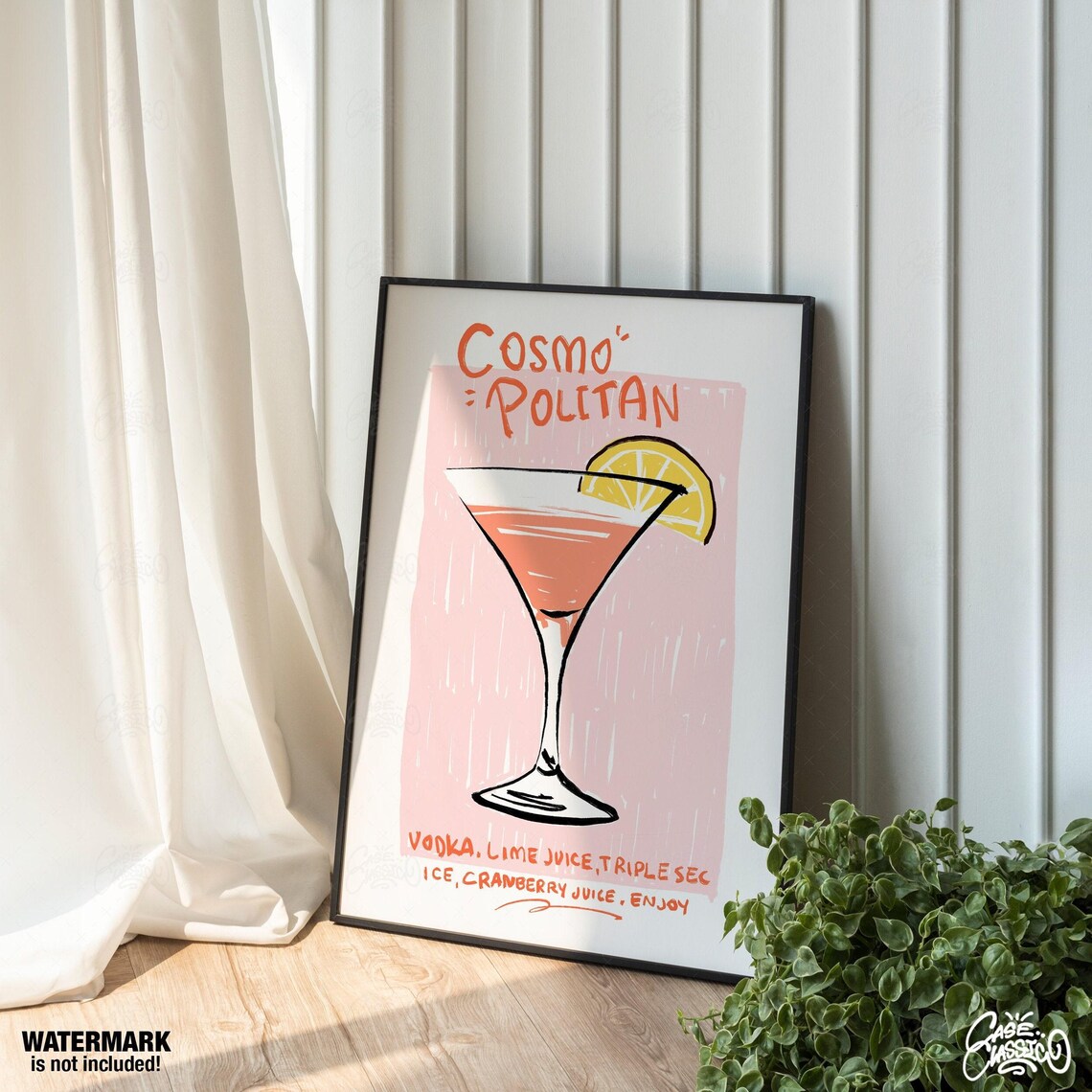 Cosmopolitan Cocktail Recipe Poster With Martini Glass Pink Illustration