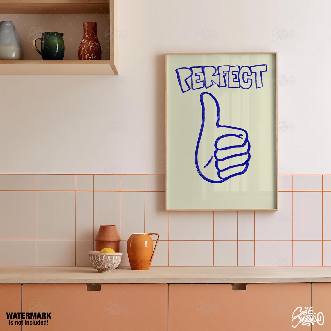 Upbeat Perfect Word With Blue Thumbs Up Line Drawing Art Poster - Image 2